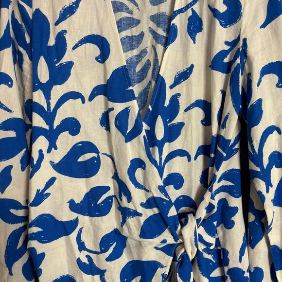 Zara White & Blue Tropical Floral Pattern Long Sleeve Mini Linen Wrap Dress Med - Picture 6 of 9